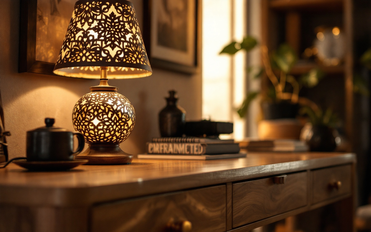 Une lampe artisanale élégante posée sur un bureau stylisé, entourée de décor moderne, éclairée par une lumière douce et ambiante, créant une atmosphère chaleureuse et accueillante.