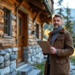 agent-immobilier-inspectant-lexterieur-dun-chalet-alpin-en-bois-sur-une-pente-entouree-de-pins-et-de-sommets-lointains-tenant-une-tablette-et-observant-la-facade-et-le-toit-sous-une-lumiere-d