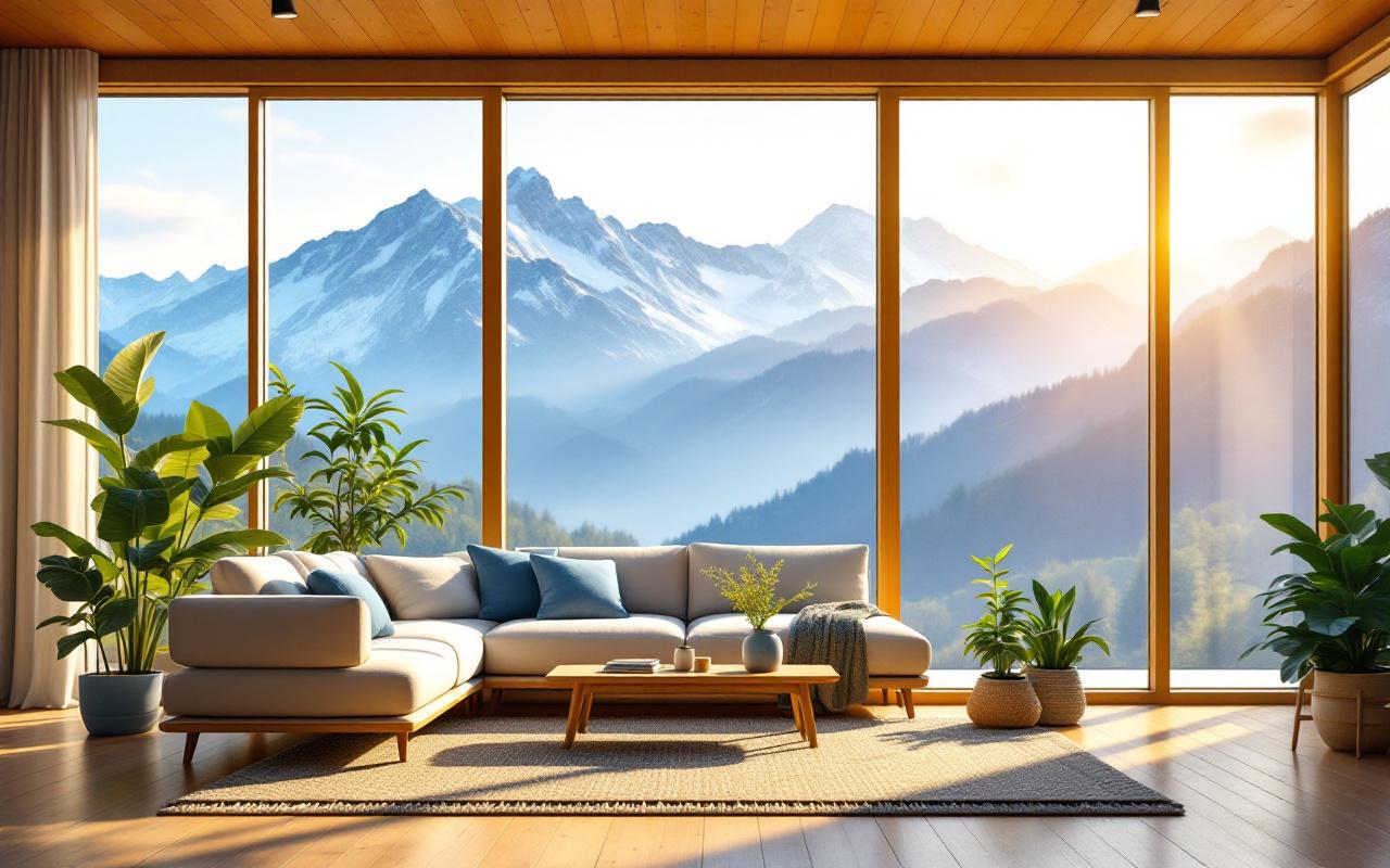 Salon lumineux avec grandes baies vitrées offrant une vue dégagée sur les montagnes, canapé bas, table basse en bois, tapis tissé et plantes, lumière matinale douce et ambiance chaleureuse, dominée par des tons bleus et verts.