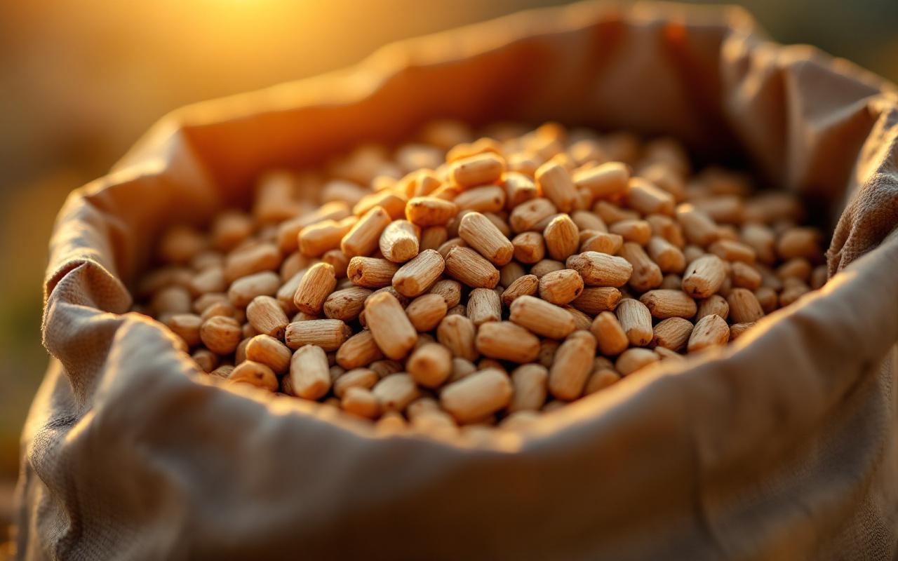 Gros plan de granulés de bois dans un sac en papier, texture détaillée, tons bruns et beiges, lumière chaude de coucher de soleil avec légers rayons et ombres douces.
