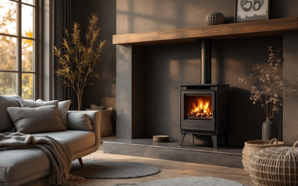 Insert à granulés moderne encastré dans un salon cosy, flamme ambrée visible, canapé confortable avec plaid, boiseries et textures naturelles, éclairage volumétrique doux au coucher du soleil, ambiance chaleureuse et intime.