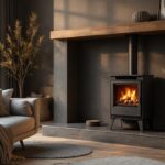 Insert à granulés moderne encastré dans un salon cosy, flamme ambrée visible, canapé confortable avec plaid, boiseries et textures naturelles, éclairage volumétrique doux au coucher du soleil, ambiance chaleureuse et intime.