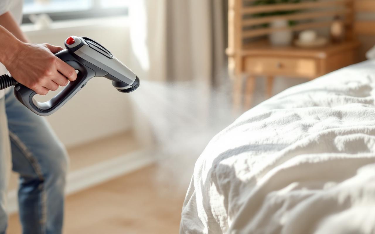 Photo réaliste d'un nettoyeur vapeur en train de traiter le cadre du lit et les plinthes blanches, vapeur visible, sol en bois, lumière matinale douce et ambiante.