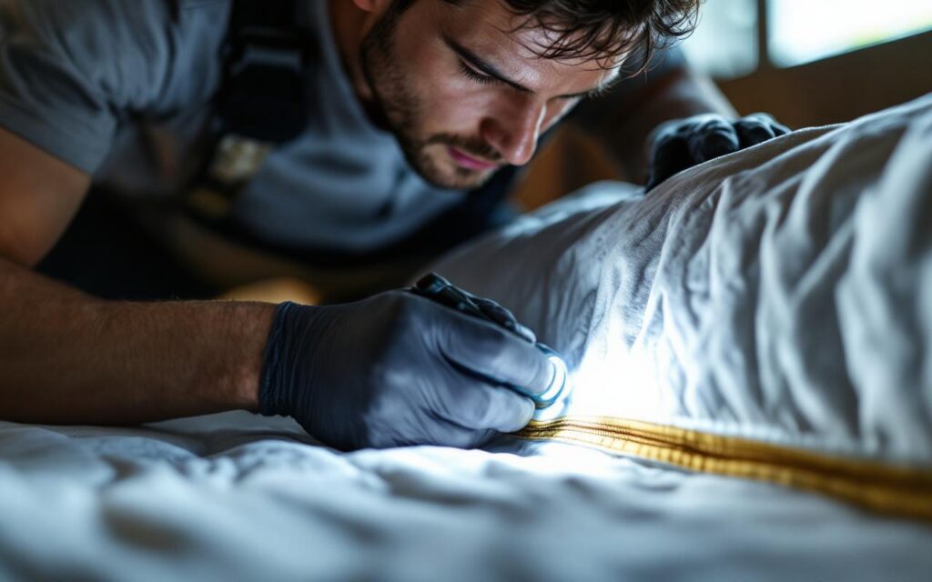 Un technicien en uniforme et gants inspecte de près la couture d'un matelas avec une lampe de poche ; le faisceau lumineux chaud contraste avec l'ambiance sombre de la chambre et met en relief les points de couture.