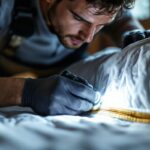 Un technicien en uniforme et gants inspecte de près la couture d'un matelas avec une lampe de poche ; le faisceau lumineux chaud contraste avec l'ambiance sombre de la chambre et met en relief les points de couture.
