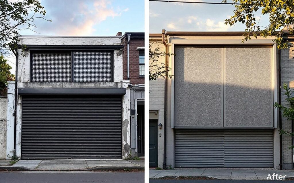 Vue avant/après d'une façade urbaine : à gauche une façade ancienne et abîmée, à droite la même façade rénovée avec des volets en aluminium micro-perforés, éclairage naturel au coucher du soleil, tons gris et dorés.