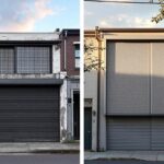 Remplacer ses vieux volets : avant/après avec modèles micro-perforés lumineux Vue avant/après d'une façade urbaine : à gauche une façade ancienne et abîmée, à droite la même façade rénovée avec des volets en aluminium micro-perforés, éclairage naturel au coucher du soleil, tons gris et dorés.