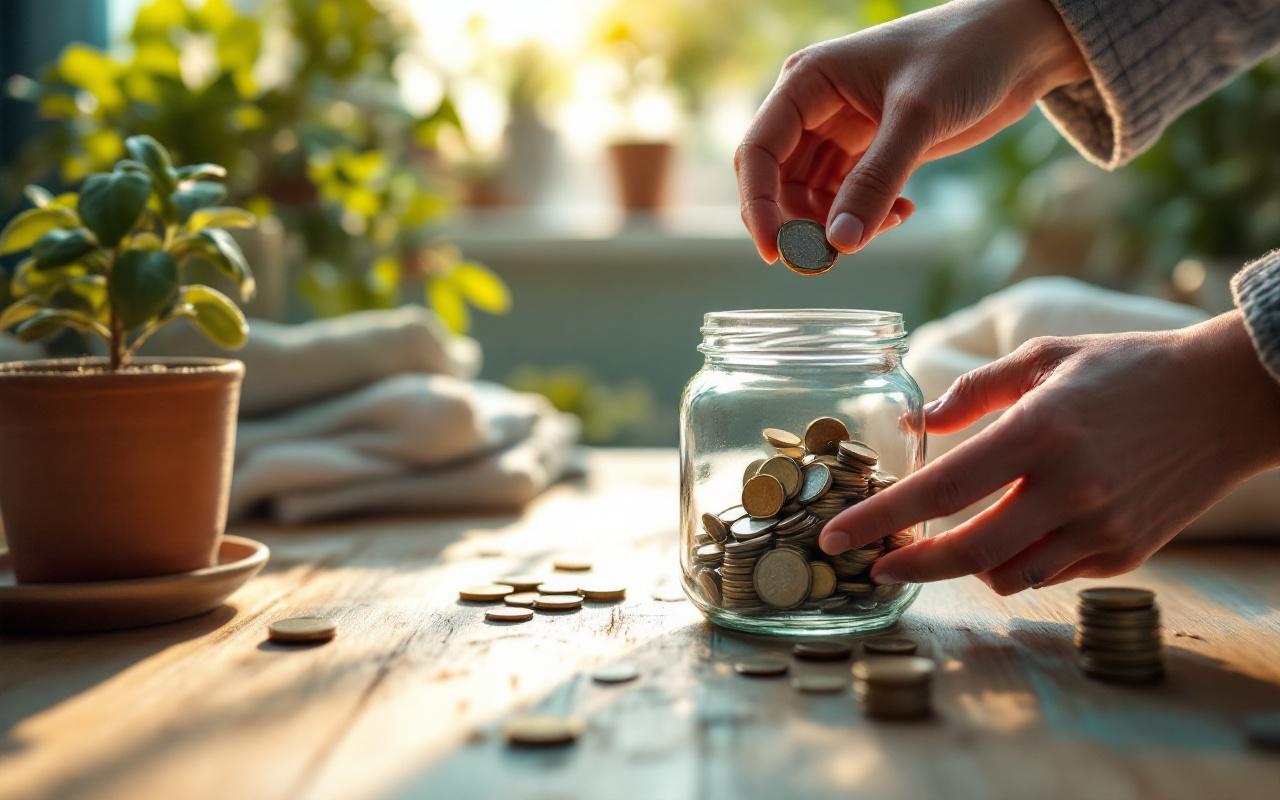 Mains d&eacute;posant des pi&egrave;ces dans un bocal en verre pos&eacute; sur une table en bois, lumi&egrave;re naturelle douce, arri&egrave;re-plan avec plante et tons bleus et verts.