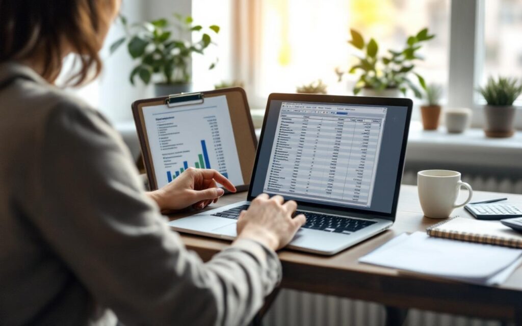 personne-concentree-verifiant-un-budget-sur-un-ordinateur-portable-pose-sur-un-bureau-en-bois-avec-plante-en-pot-tasse-de-cafe-documents-et-calculatrice-eclairage-doux-du-matin