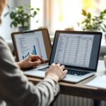 personne-concentree-verifiant-un-budget-sur-un-ordinateur-portable-pose-sur-un-bureau-en-bois-avec-plante-en-pot-tasse-de-cafe-documents-et-calculatrice-eclairage-doux-du-matin