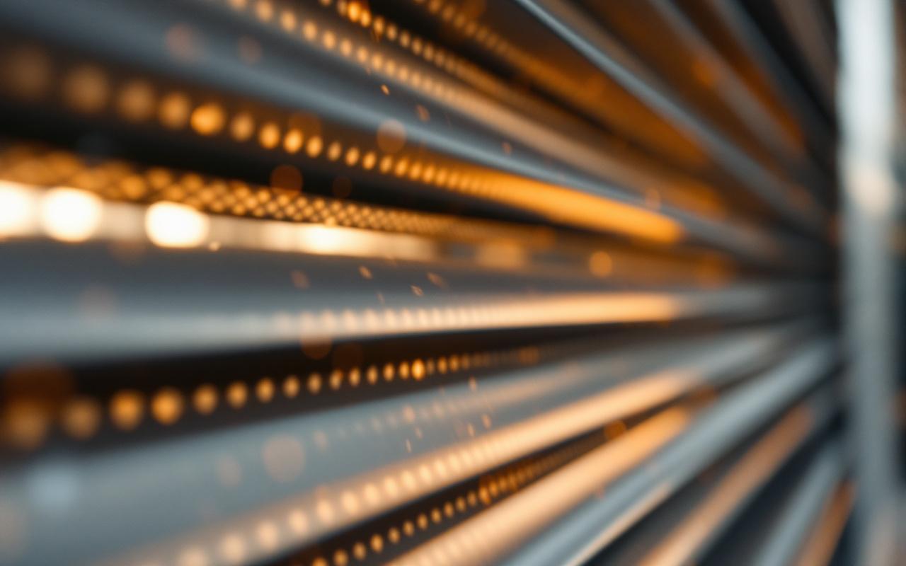 Gros plan d'un volet roulant perforé filtrant une lumière douce de coucher de soleil, rayons volumétriques traversant les perforations, textures métalliques et fines particules de poussière en suspension.