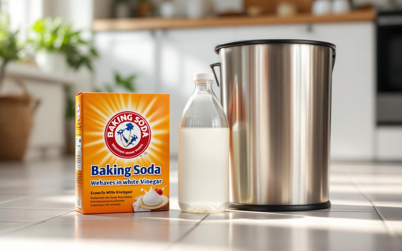 Boîte de bicarbonate et bouteille de vinaigre blanc posées à côté d'une poubelle de cuisine, plan rapproché, lumière volumétrique douce du matin, tons dominants blanc et acier inoxydable, ambiance naturelle et réaliste.