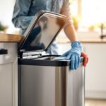 Personne portant des gants nettoyant une poubelle de cuisine moderne en acier inoxydable, ouverte, dans une cuisine lumineuse avec plans de travail en bois. Lumière naturelle douce traverse la fenêtre, ambiance chaleureuse et réaliste.