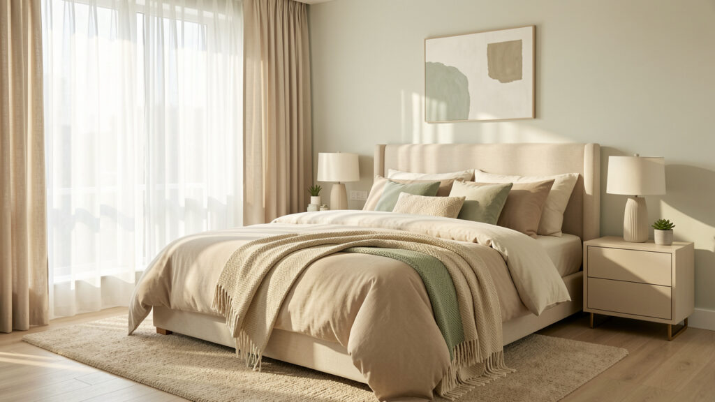 Chambre élégante et lumineuse au style maison contemporain, mobilier harmonieux, textiles doux et ambiance cocooning, avec la lumière naturelle traversant des rideaux clairs.