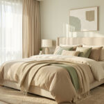 Les 8 éléments indispensables pour aménager une chambre confortable et fonctionnelle Chambre élégante et lumineuse au style maison contemporain, mobilier harmonieux, textiles doux et ambiance cocooning, avec la lumière naturelle traversant des rideaux clairs.