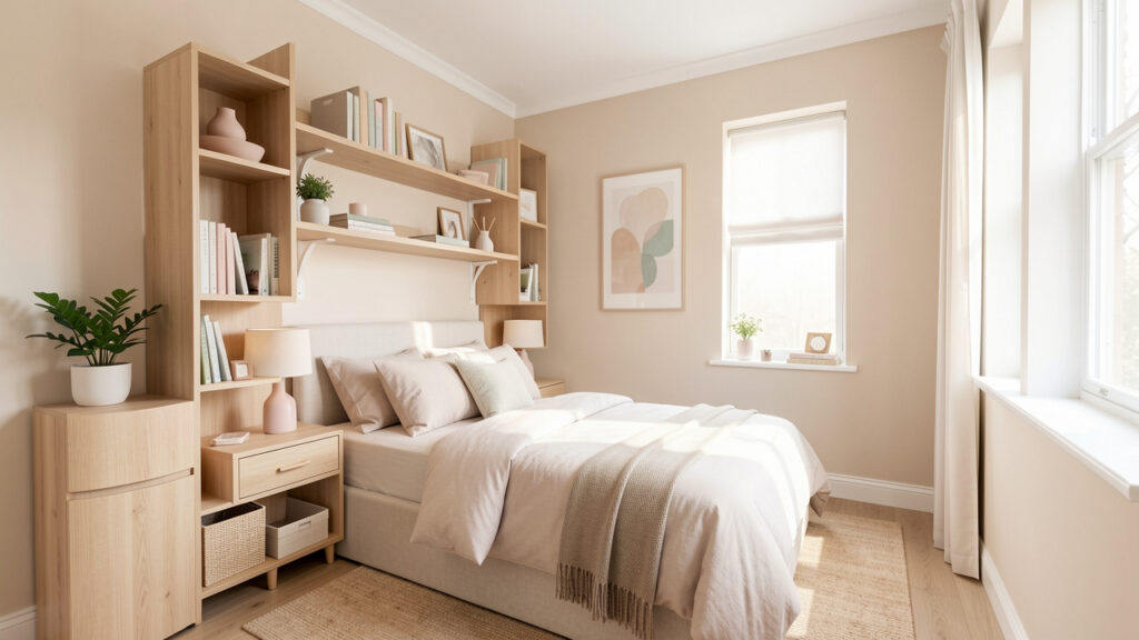 Petite chambre lumineuse et bien aménagée, avec rangements muraux, une décoration douce et une ambiance élégante et fonctionnelle.