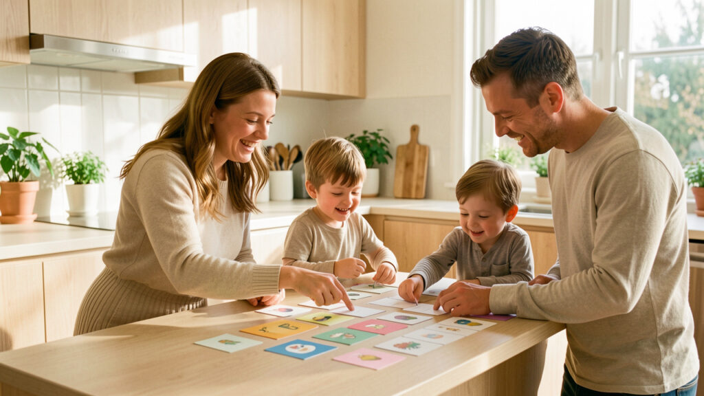 Une famille composée d’une femme, d’un homme et de deux enfants organise un planning domestique avec des cartes vierges dans une cuisine moderne, chaleureuse et lumineuse.