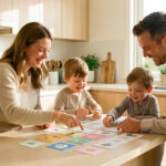 Une famille composée d’une femme, d’un homme et de deux enfants organise un planning domestique avec des cartes vierges dans une cuisine moderne, chaleureuse et lumineuse.
