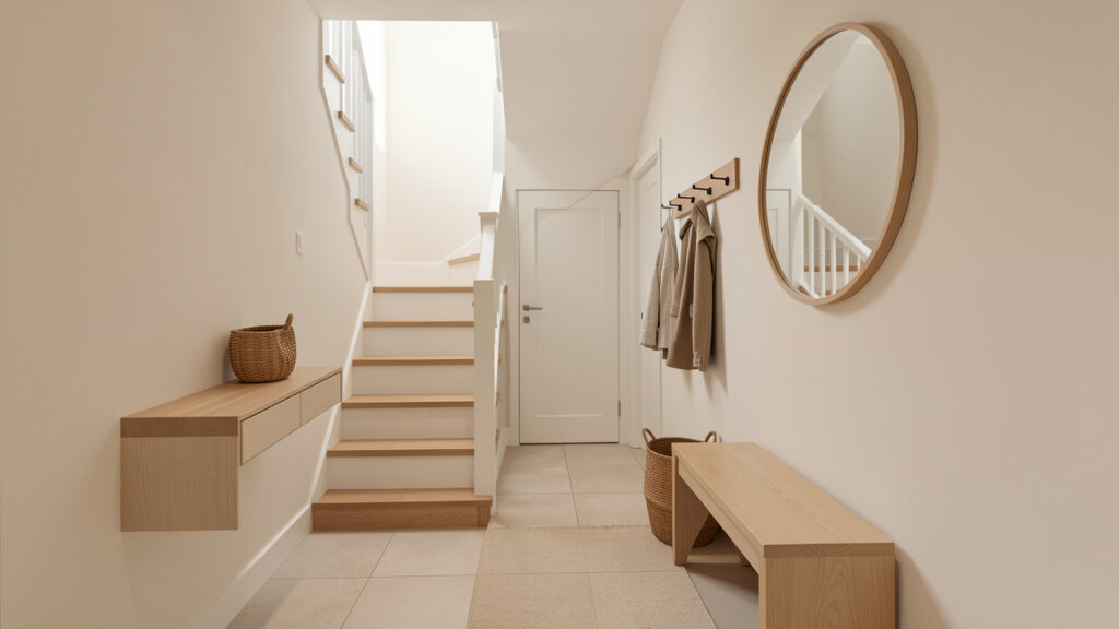 Entrée étroite et moderne aménagée avec des rangements compacts, laissant un passage dégagé vers l’escalier.