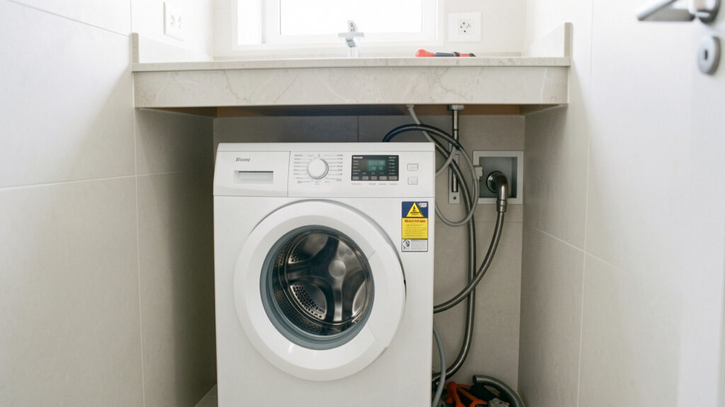 Lave-linge blanc installé dans une salle de bain moderne avec une plomberie discrètement dissimulée dans le mur.