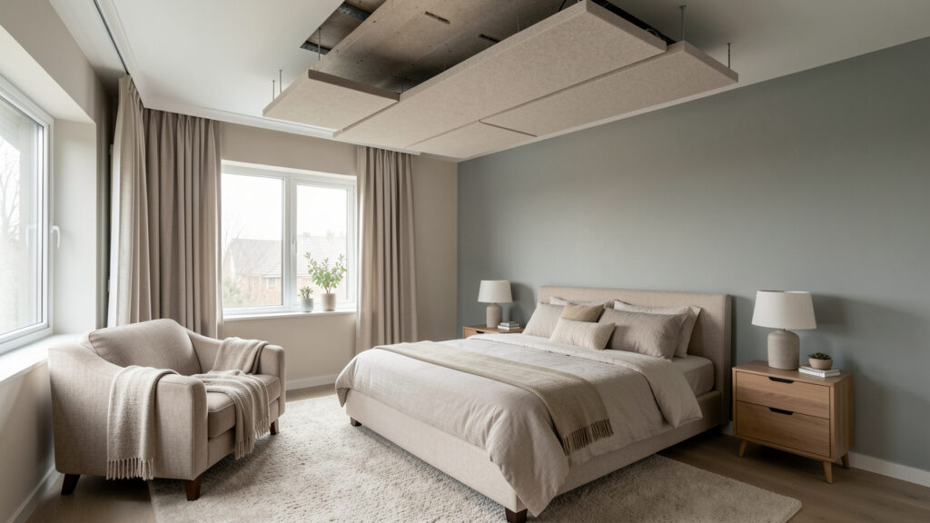 Chambre moderne avec un plafond acoustique et des matériaux discrets conçus pour réduire les bruits provenant de l’étage supérieur.