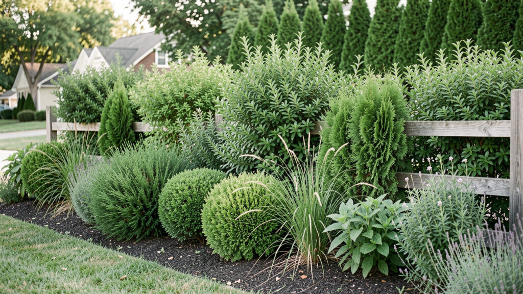 Rangée de plantes persistantes faciles à entretenir le long d’une clôture mitoyenne, formant un écran végétal naturel dans un jardin résidentiel.