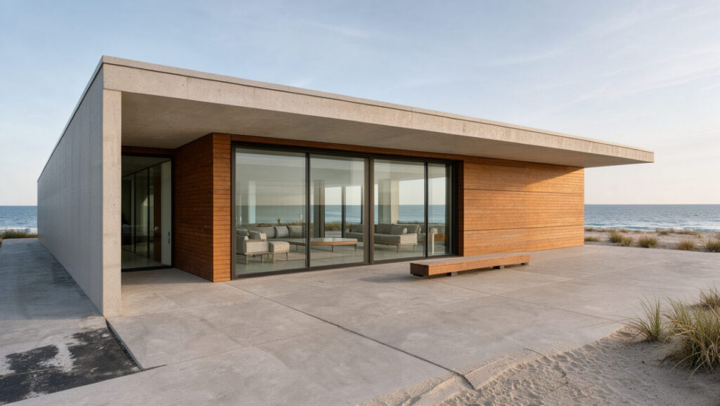 Maison contemporaine en bois et béton face à la mer, dotée de grandes baies vitrées protégées par un auvent et éclairée par la douce lumière du matin.