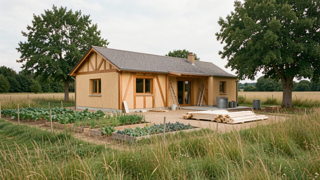 Maison contemporaine en terre crue et bois dans un paysage rural français, avec un chantier propre et des matériaux naturels soigneusement disposés.